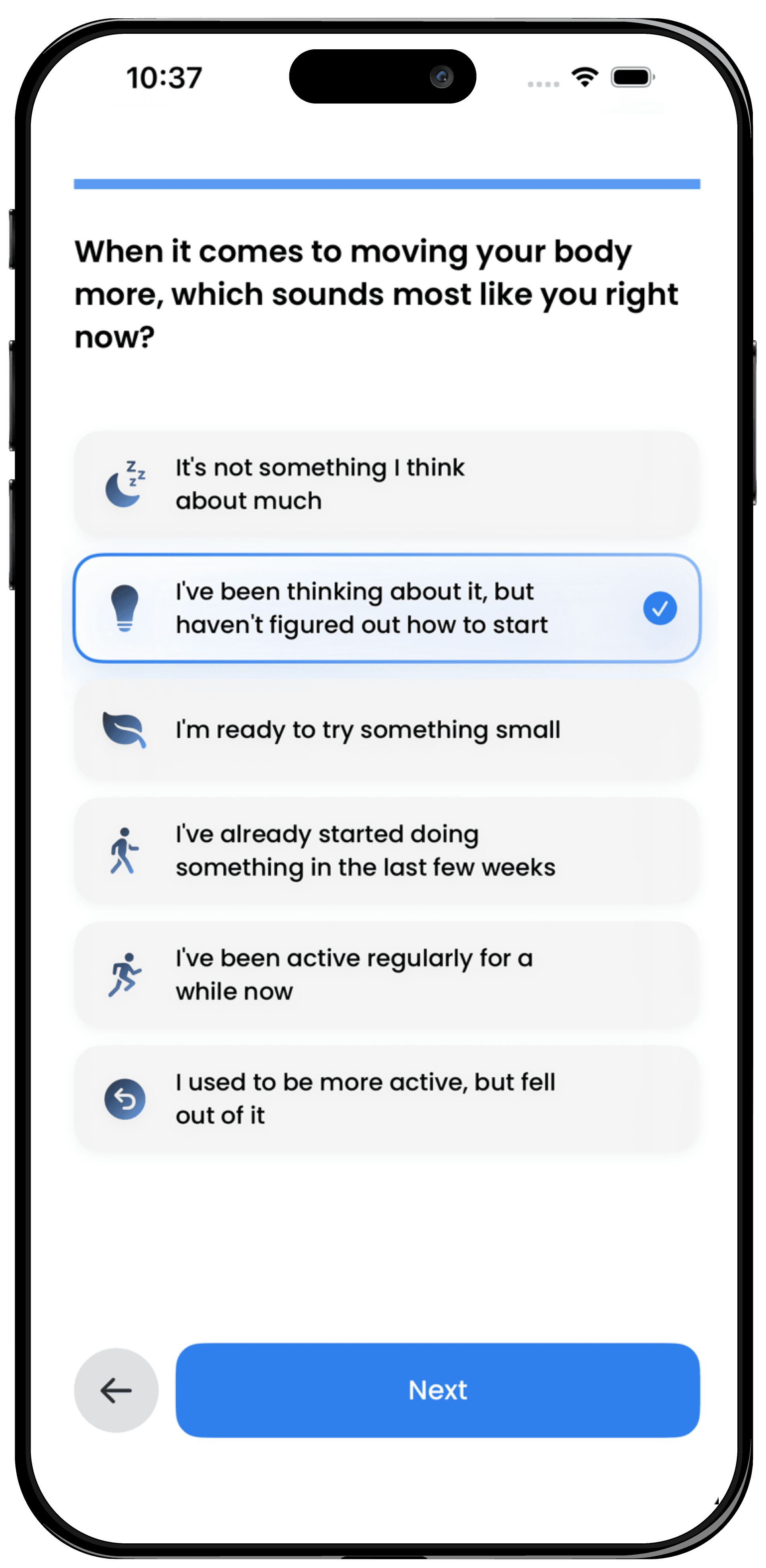 TOKK onboarding screen asking how ready the user is to move more